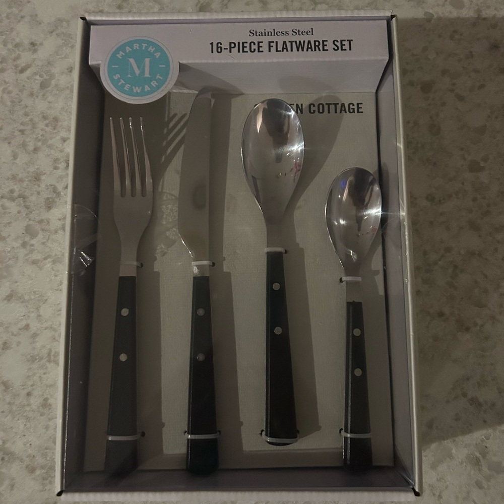 “New” Martha Stewart Black Handle 16-Piece Stainless Flatware Set